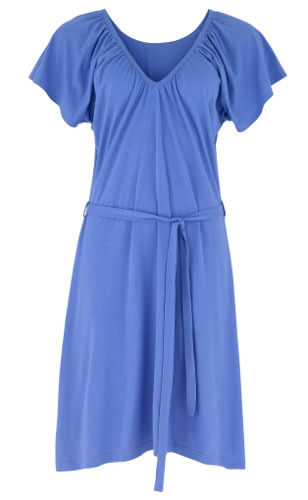 People Tree Organic Cotton Gathered V Neck Dress Blue