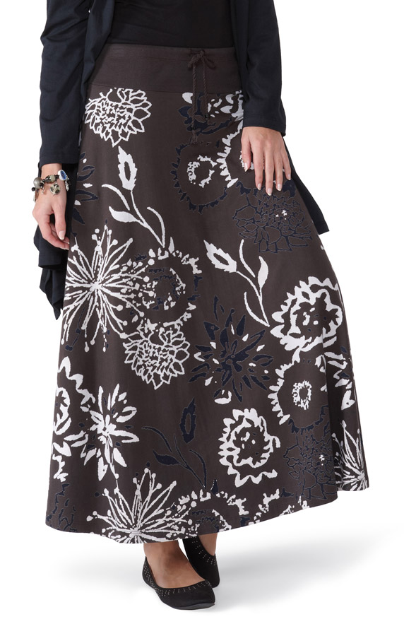 Fair Trade Floral Print Long Skirt - Brown