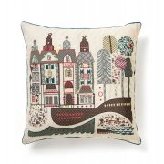 Embroidered Rustic Street Scene Cushion Cover
