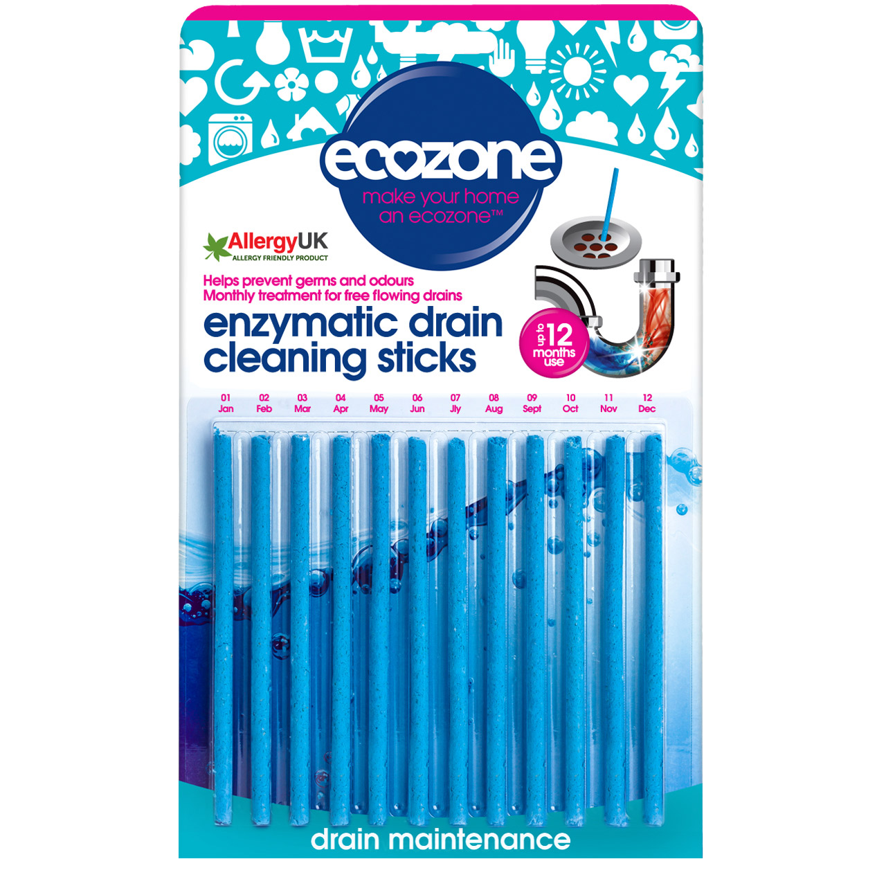 Ecozone Enzymatic Drain Cleaning Sticks - Pack of 12