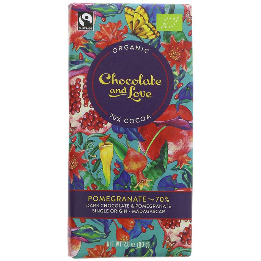 Chocolate & Love Organic Fairtrade Pomegranate 70% Dark Chocolate Bar - 80g