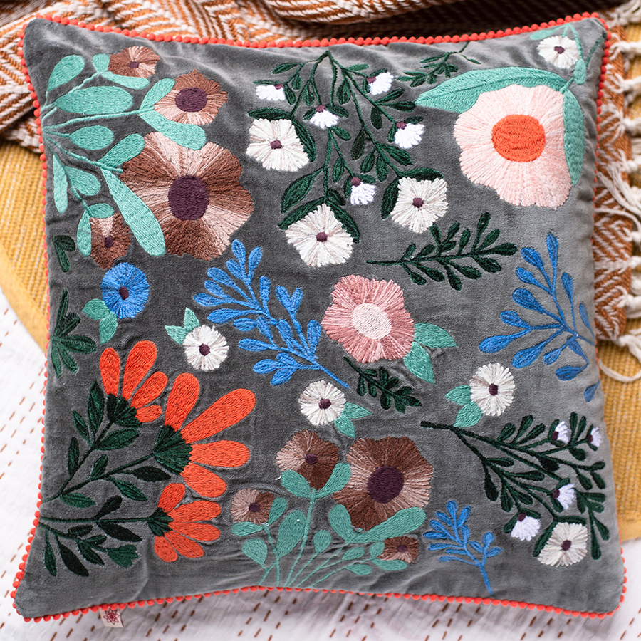 Ian Snow Grey Floral Embroidered Cotton Cushion Cover