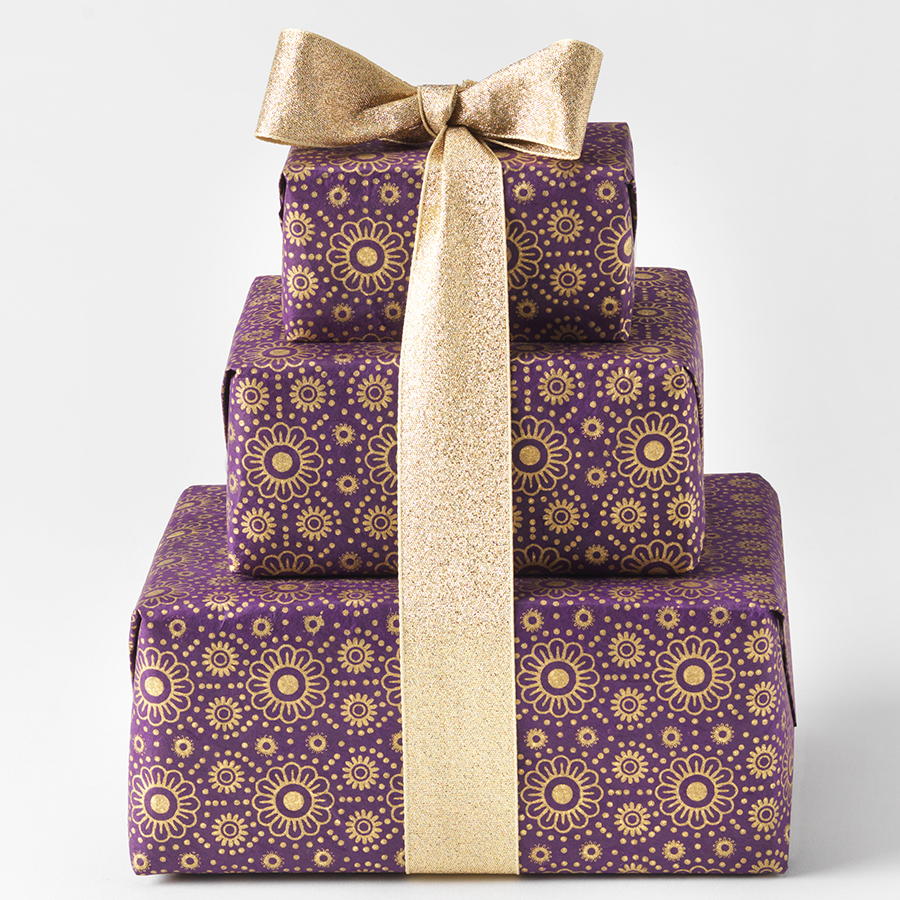 Purple Flower Print Lokta Paper Gift Wrap - 4 Sheets