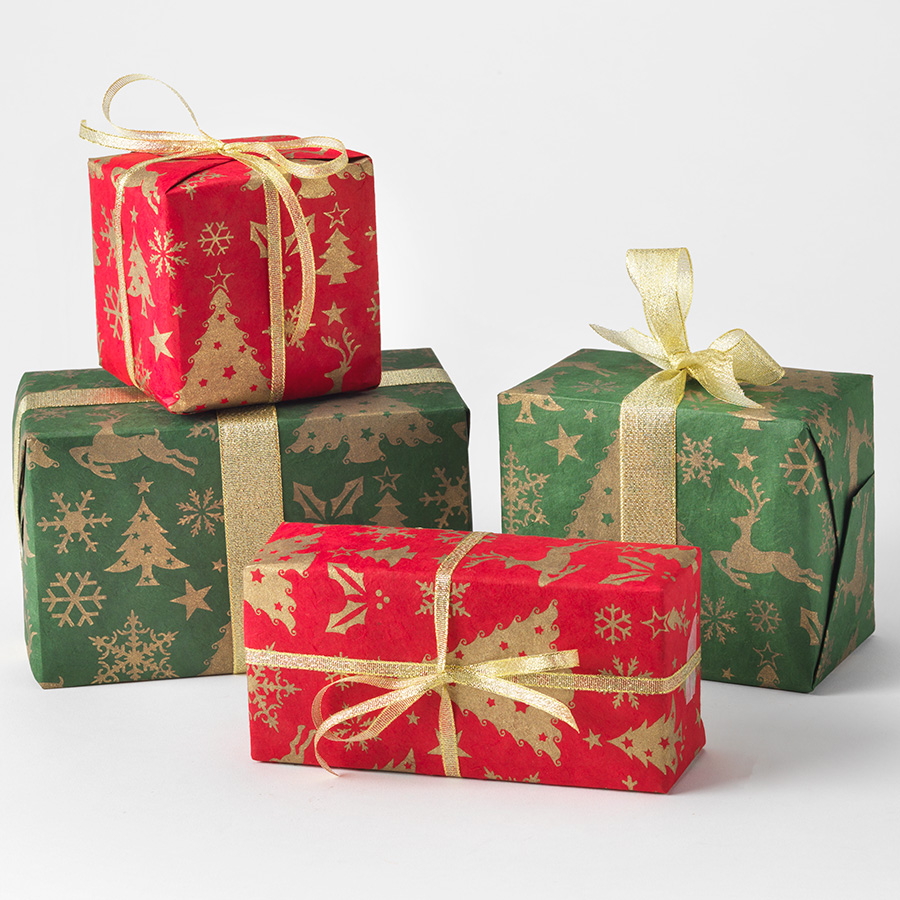 Red & Green Christmas Lokta Paper Gift Wrap - 4 Sheets