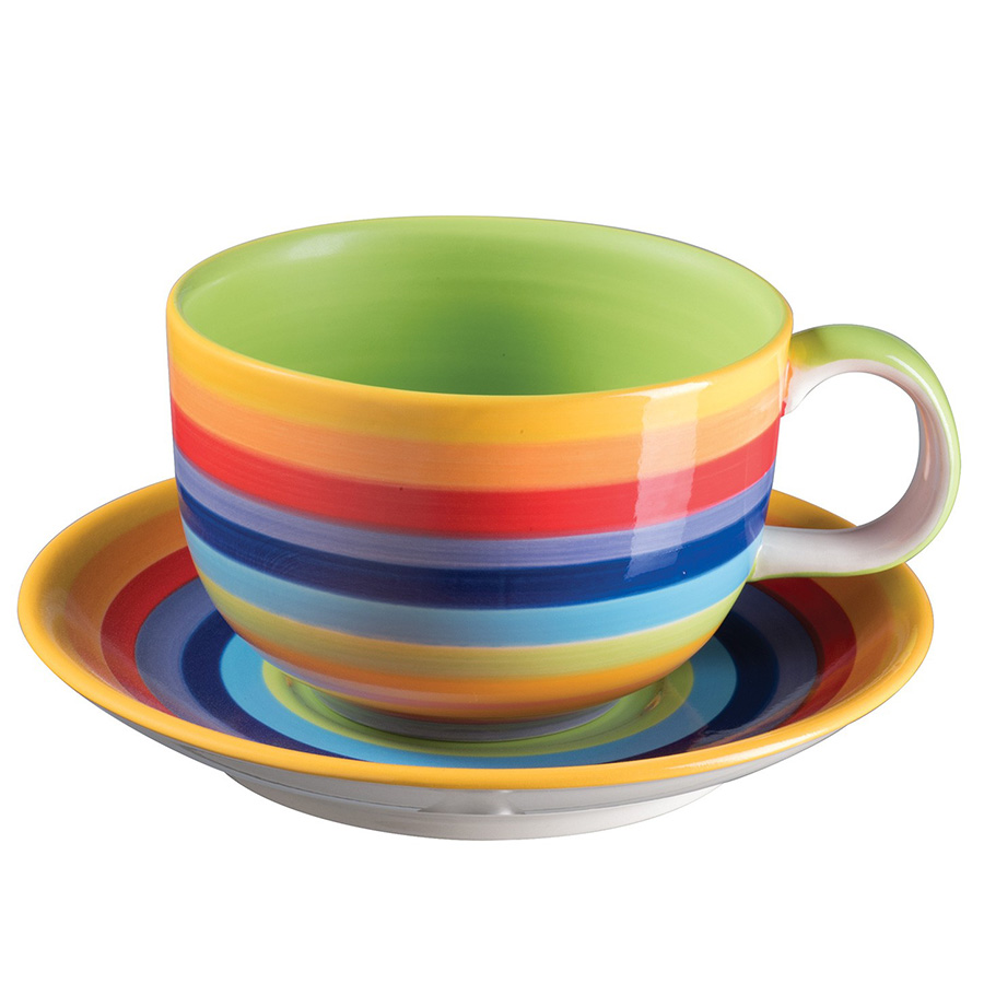 Handpainted Rainbow Stripe Coffee Cup & Saucer
