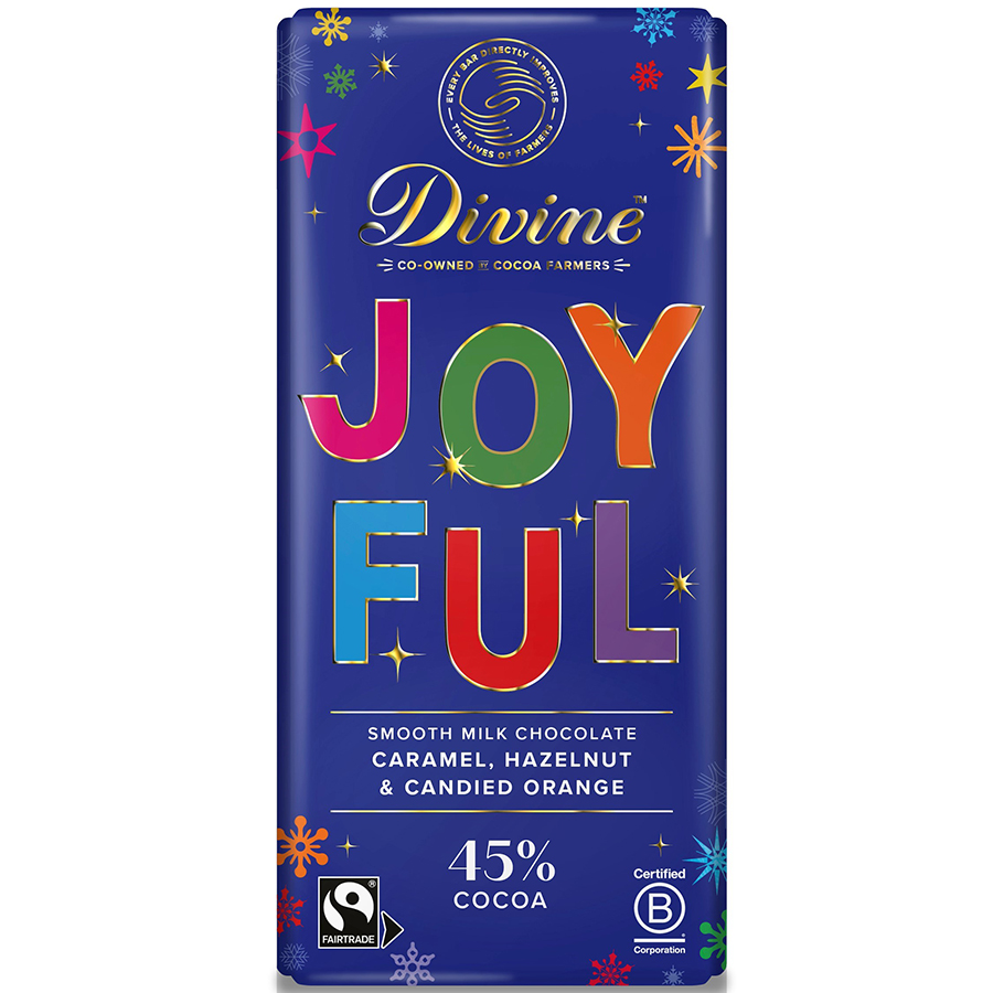 Divine JOYFUL 45% Milk Chocolate with Caramel  Hazelnut & Candied Orange - 180g