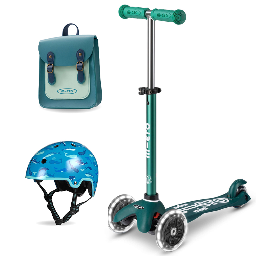 Micro Eco Mini Deluxe Scooter & Helmet - Green with Aqua & Teal Satchel