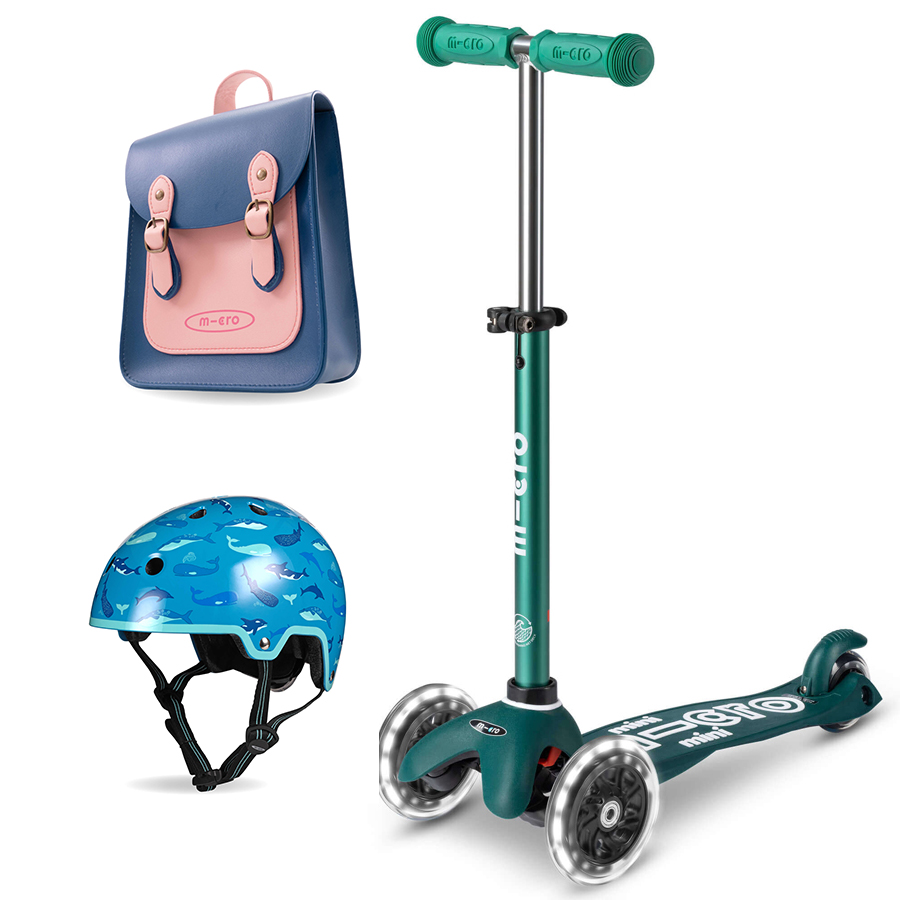 Micro Eco Mini Deluxe Scooter & Helmet - Green with Navy & Pink Satchel