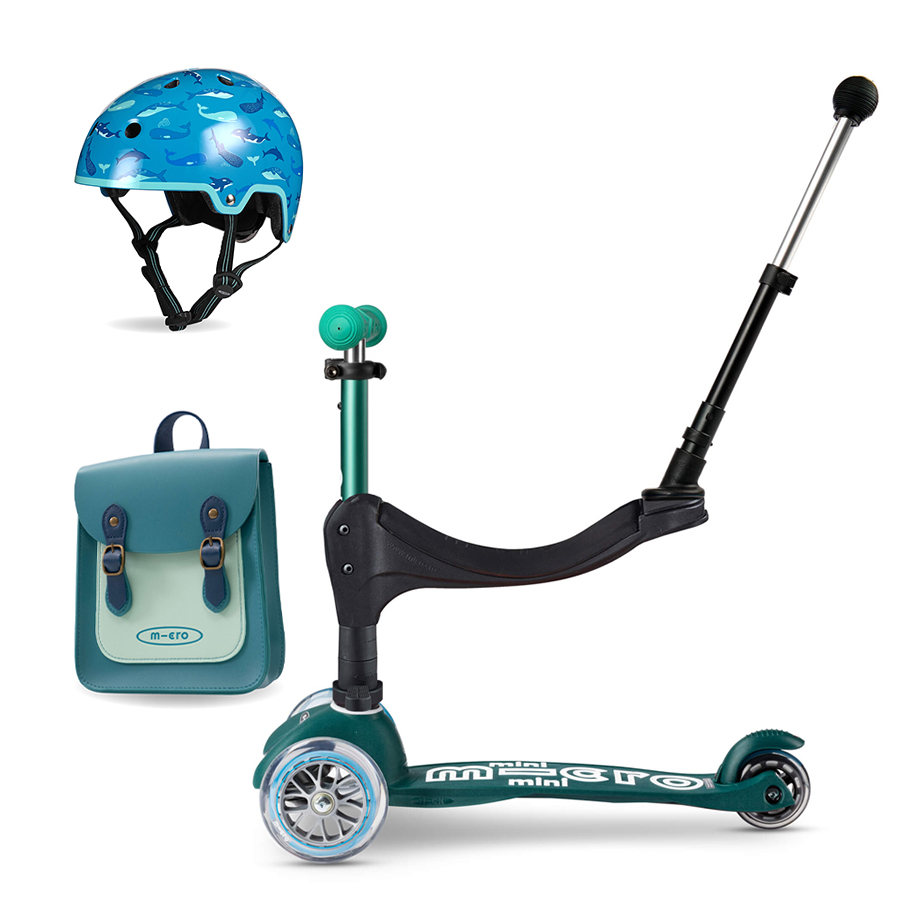 Micro Eco 3in1 Scooter & Helmet - Green with Aqua & Teal Satchel