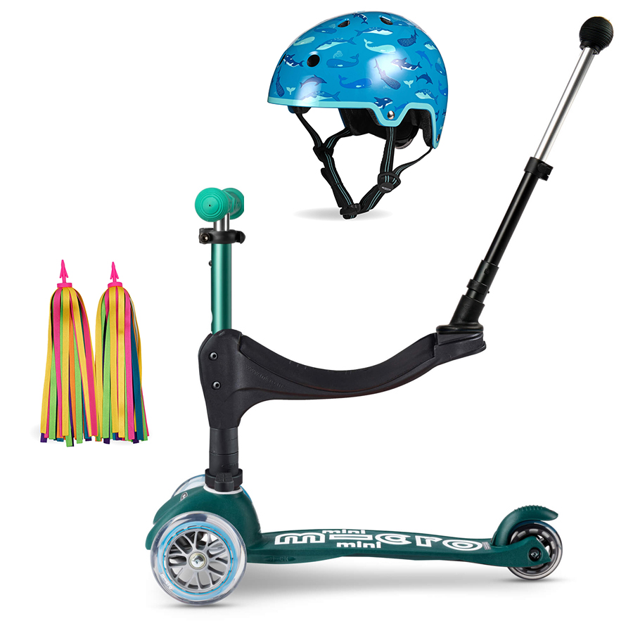 Micro Eco 3in1 Scooter & Helmet - Green with Ribbons & Helmet