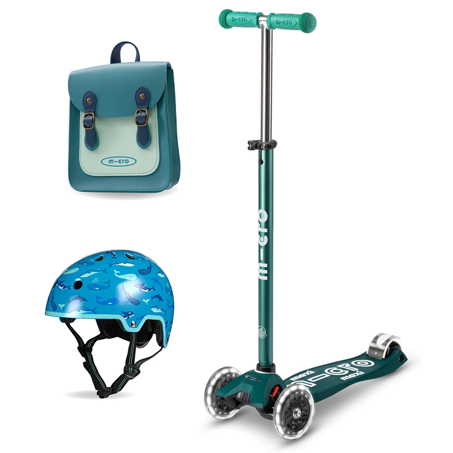 Micro Eco Maxi Deluxe Scooter & Helmet - Green with Aqua & Teal Satchel