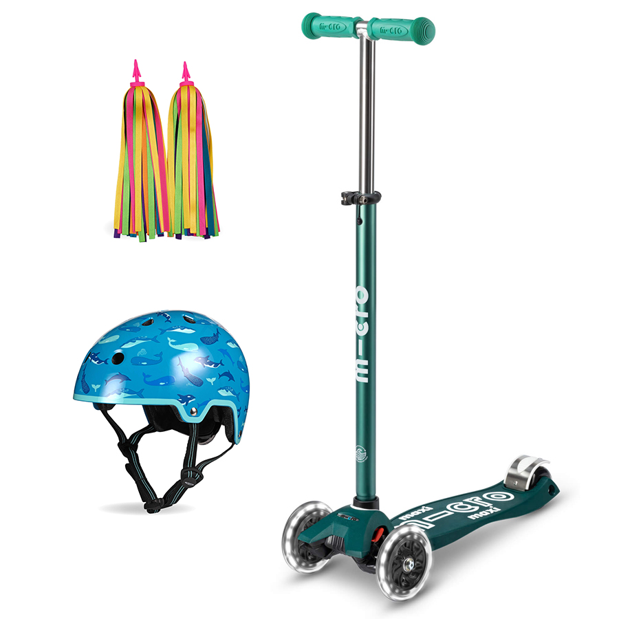 Micro Eco Maxi Deluxe Scooter - Green with Ribbons & Helmet