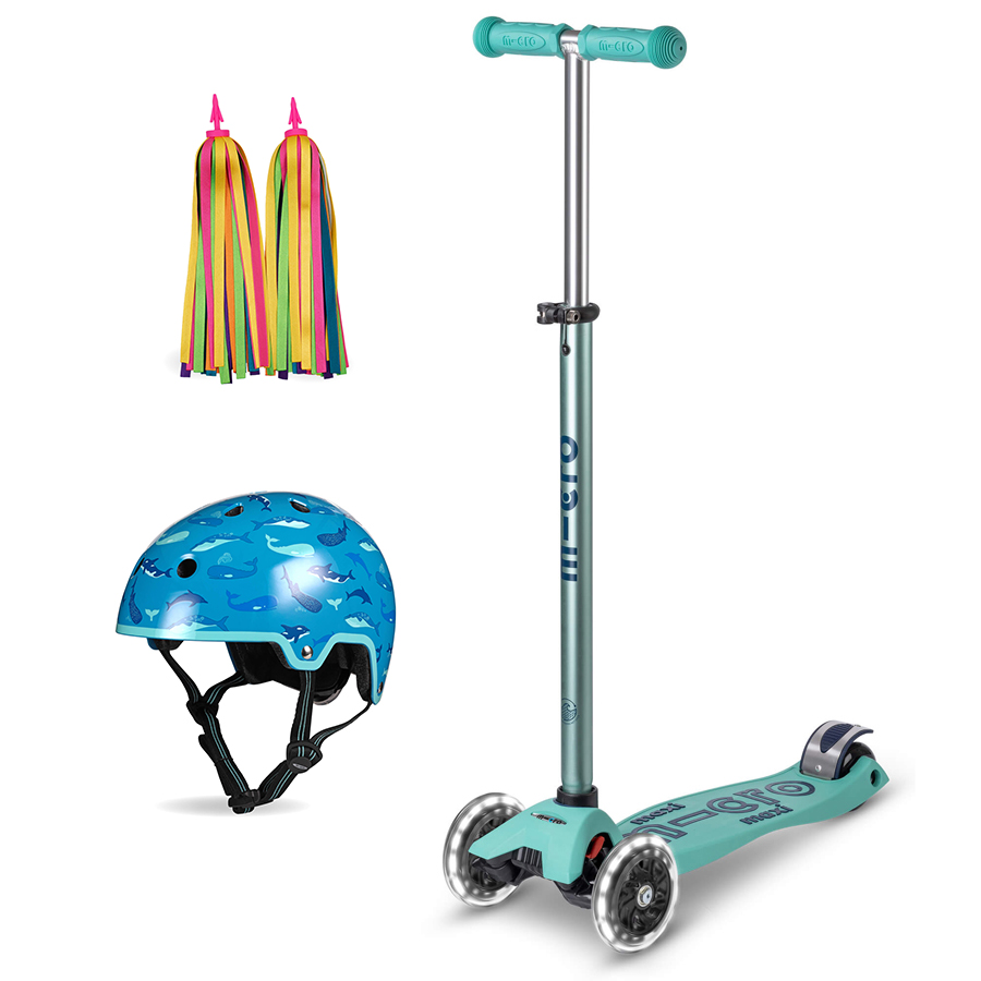 Micro Eco Maxi Deluxe Scooter - Mint with Ribbons & Helmet