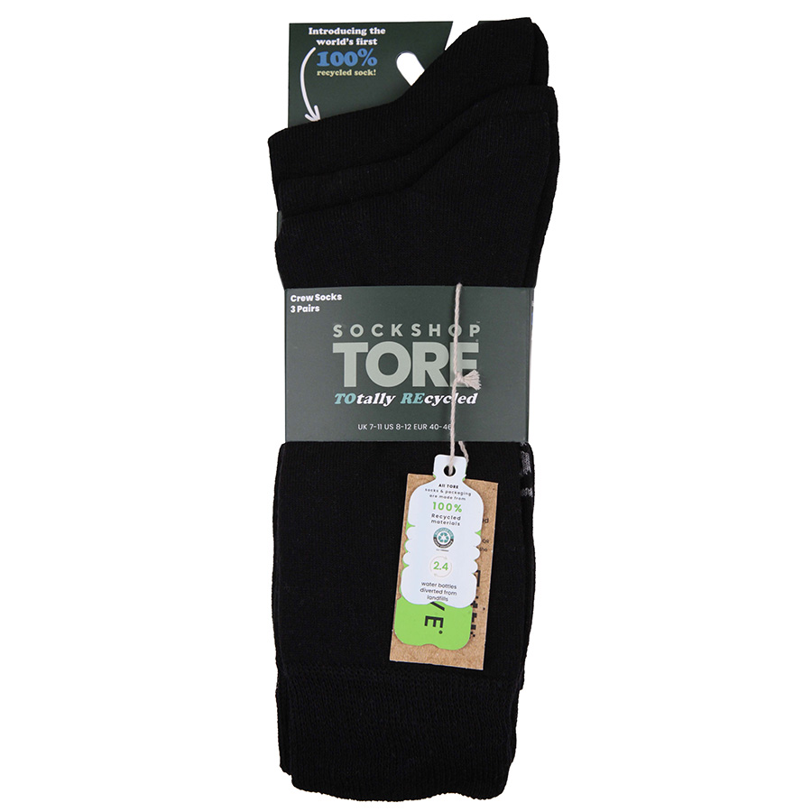 Tore Plain Black Crew Socks - UK7-11 - 3 Pairs