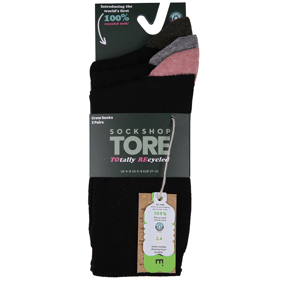 Tore Black Crew Socks with Contrasting Heel & Toe - UK4-8 - 3 Pairs