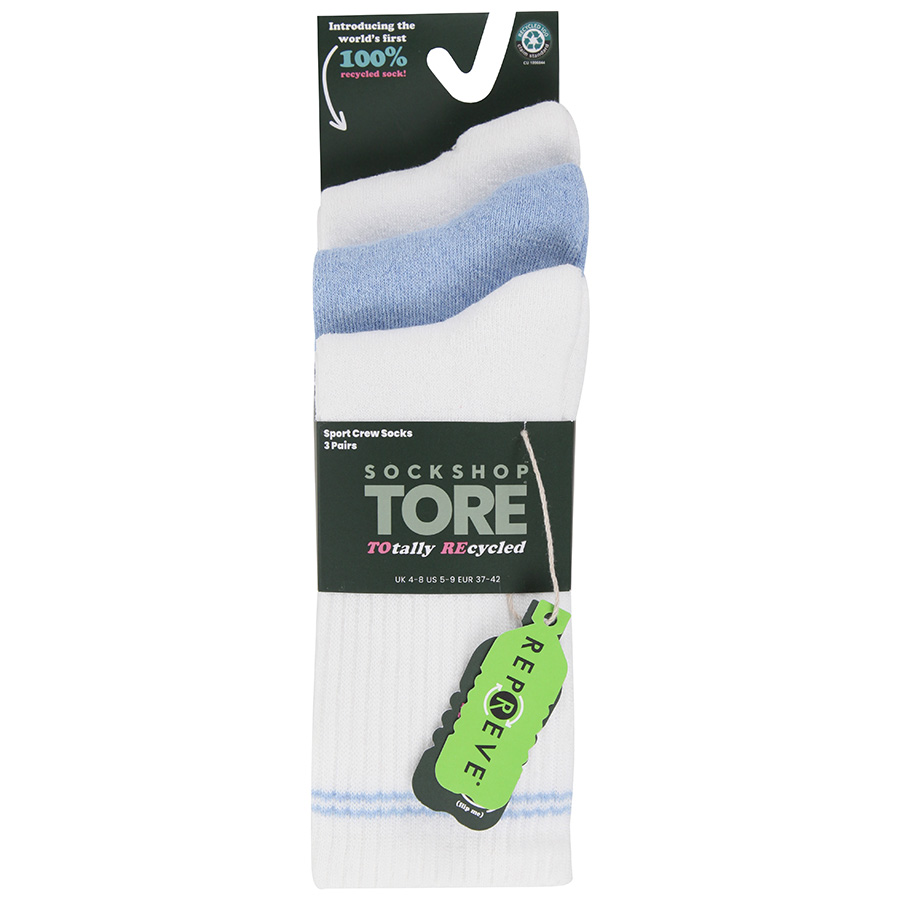 Tore White & Light Blue Stripe Crew Sports Socks - UK4-8 - 3 Pairs