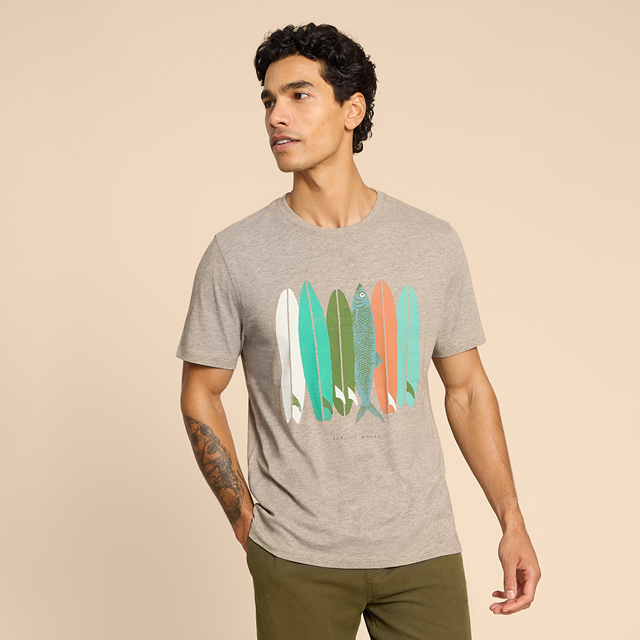 White Stuff Fairtrade Scaling Waves Graphic Tee - Grey