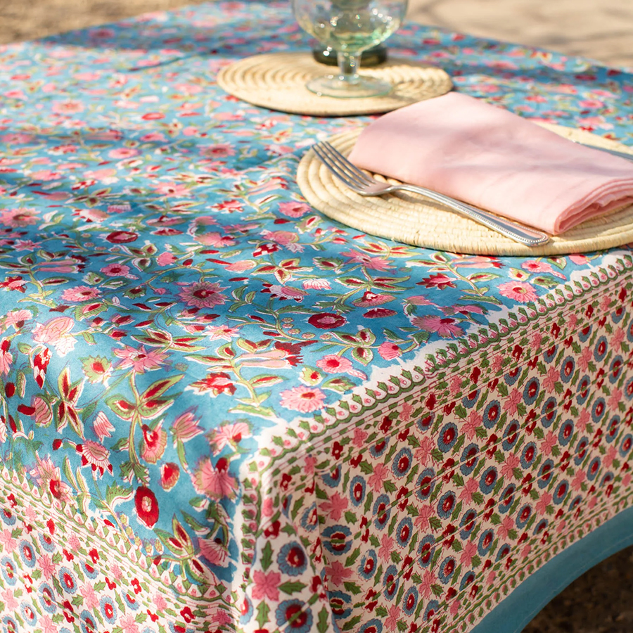 Turquoise & Pink Block Print Tablecloth - 150cm x 220cm