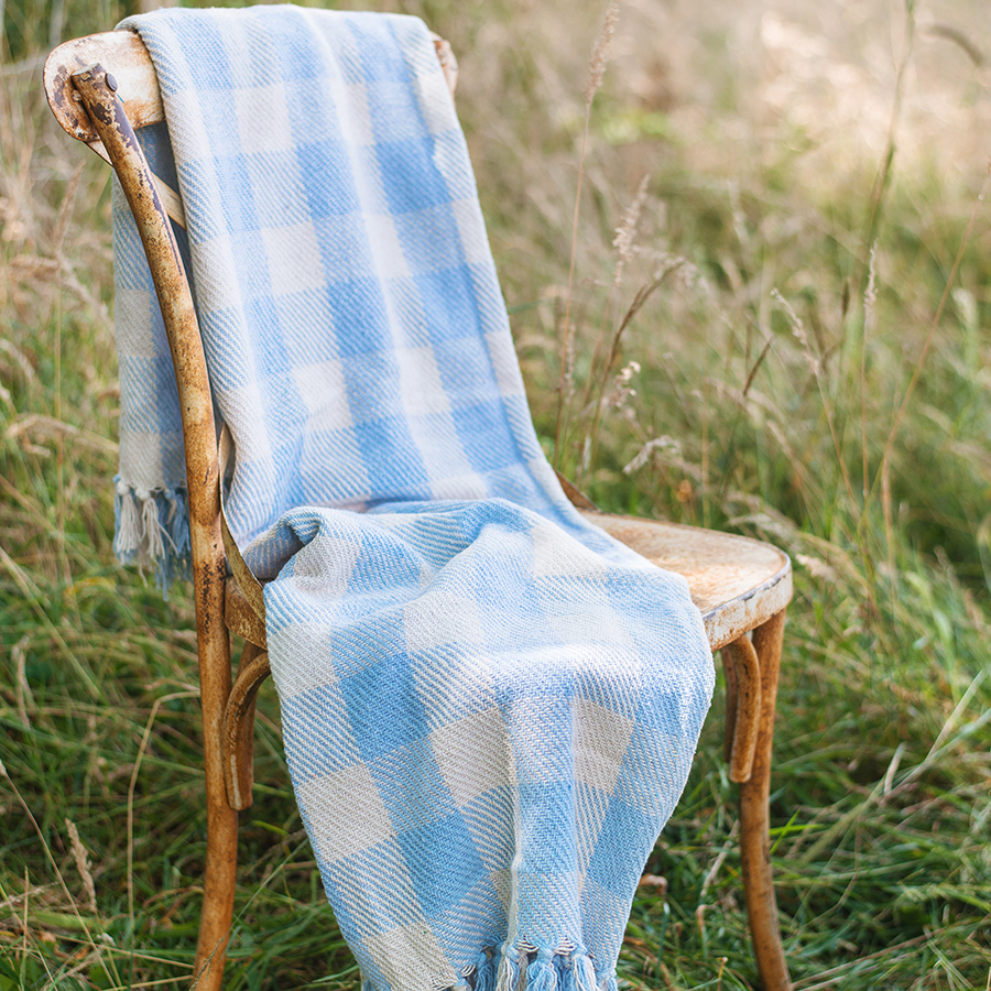 Ian Snow Recycled Gingham Throw - Pale Blue
