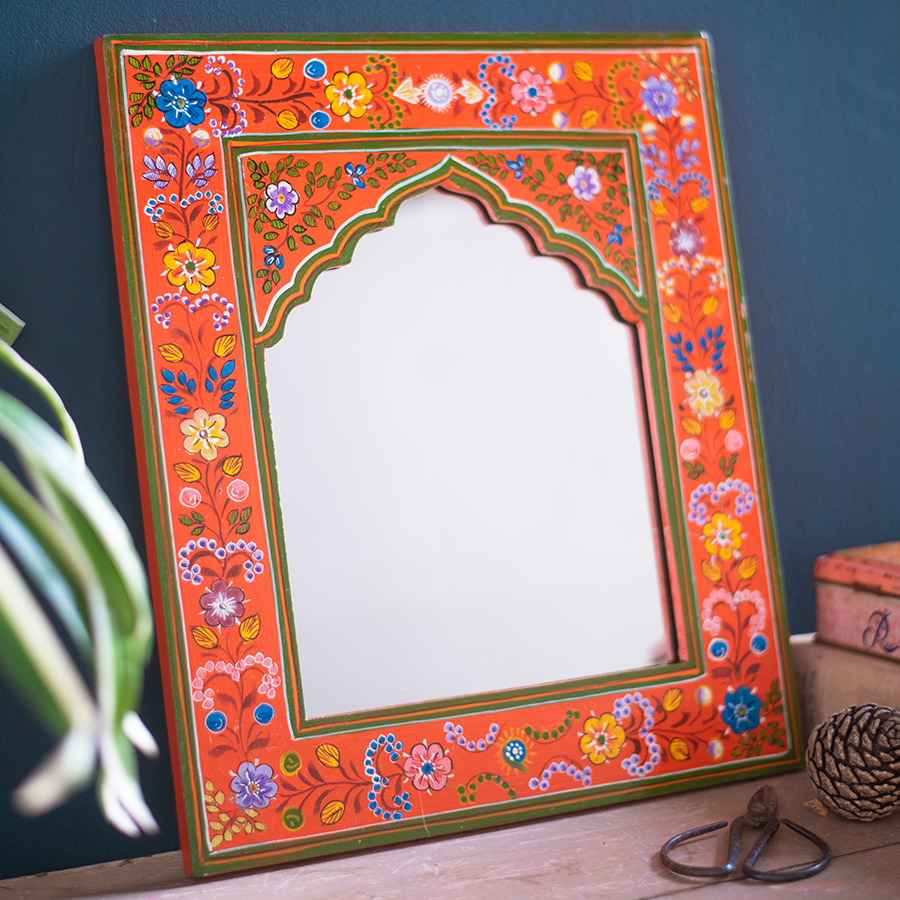 Ian Snow Orange Hand Painted Arched Wooden Mirror