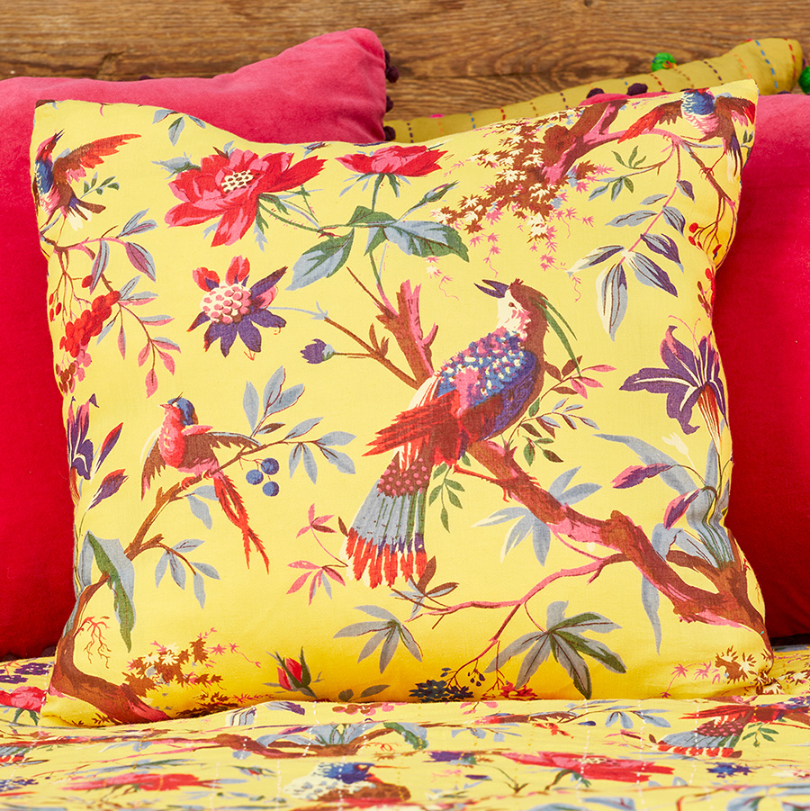 Bird Of Paradise Print Cushion Cover - Yellow - 45 x 45cm