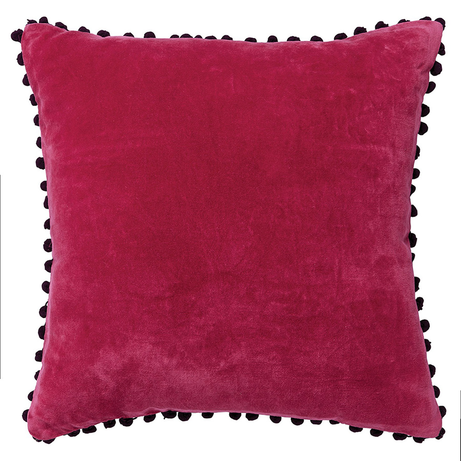 Cotton Velvet Pom Poms Cushion Cover - Mulberry - 45 x 45cm