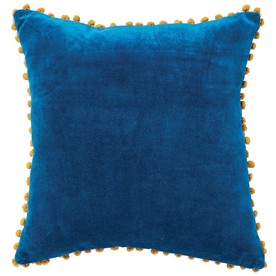 Cotton Velvet Pom Poms Cushion Cover - Blue - 45 x 45cm