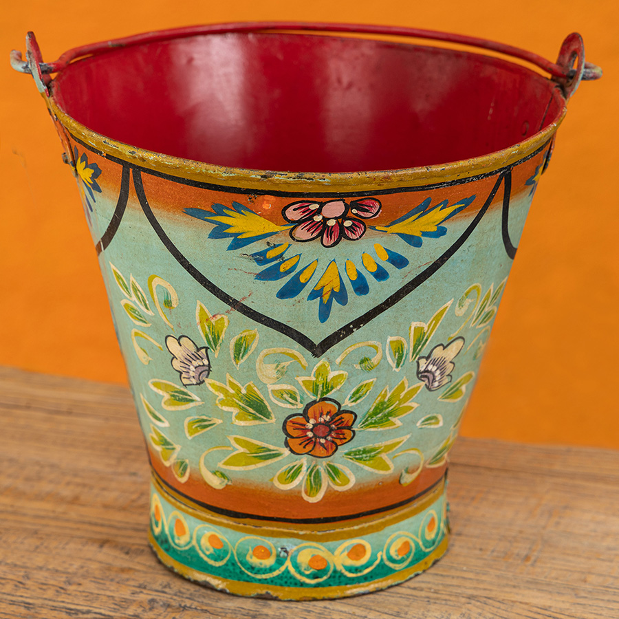Hand Painted Iron Bucket with Handle - Turquoise