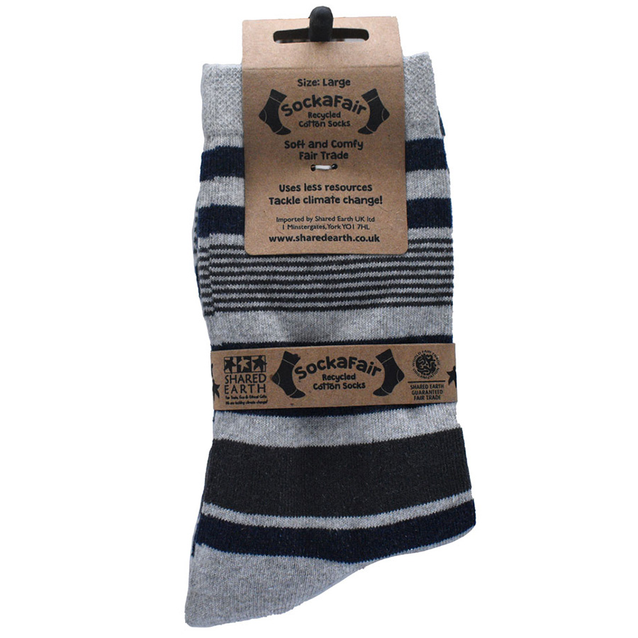 Fair Trade Recycled Socks - Grey & Blue Stripe - UK 7-11