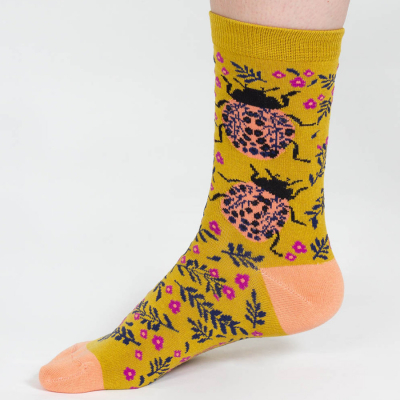 Thought Yellow Beetle Insect Floral Bamboo Socks - UK4-7