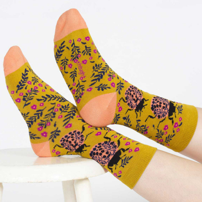 Thought Yellow Beetle Insect Floral Bamboo Socks - UK4-7