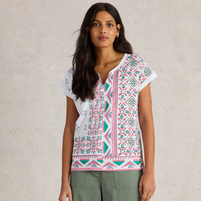 White Stuff Nelly Notch Neck Tee - White Print