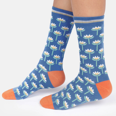 Thought Floral Tile Organic Cotton Crew Socks - French Blue - UK4-7