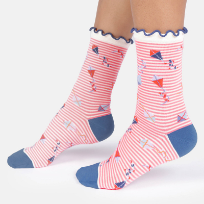 Thought Flying Kites Bamboo Frill Crew Socks - Cherry Blossom Pink - UK4-7