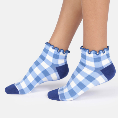 Thought Gingham Organic Cotton Frill Ankle Socks - French Blue - UK4-7