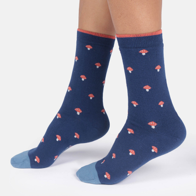 Thought Toadstool Bamboo Crew Socks - Ink Blue - UK4-7