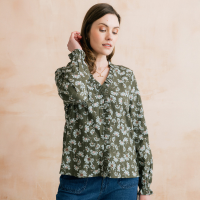 Lily & Me Kit Ruffle Blouse - Brushstroke Blooms - Dark Olive