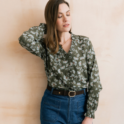 Lily & Me Kit Ruffle Blouse - Brushstroke Blooms - Dark Olive