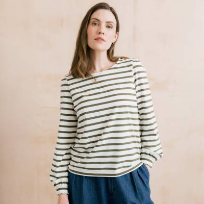 Lily & Me Caroline Stripe Top - Olive & Ecru