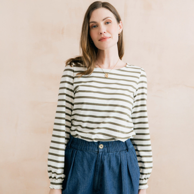 Lily & Me Caroline Stripe Top - Olive & Ecru
