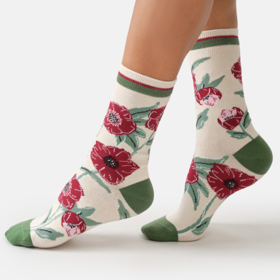 Thought Poppy Meadow Organic Cotton Socks - White - UK 4-7