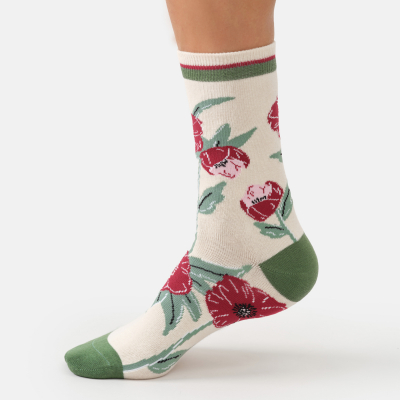 Thought Poppy Meadow Organic Cotton Socks - White - UK 4-7