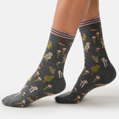 Thought Woodland Tales Bamboo Crew Socks - Grey Marl - UK 4-7
