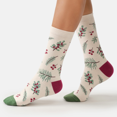 Thought Evergreen Berry Sprig Bamboo Crew Socks - White - UK 4-7