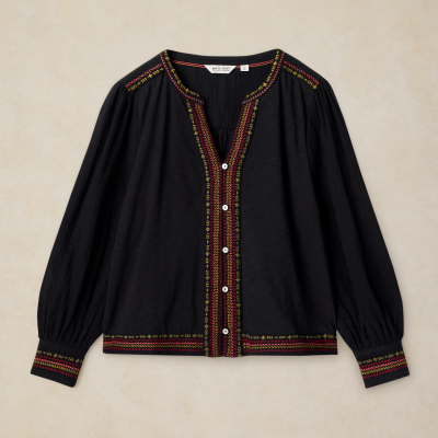 White Stuff Lizzie Organic Embriodered Top - Black