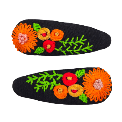 Embroidered Floral Hair Clips - Black