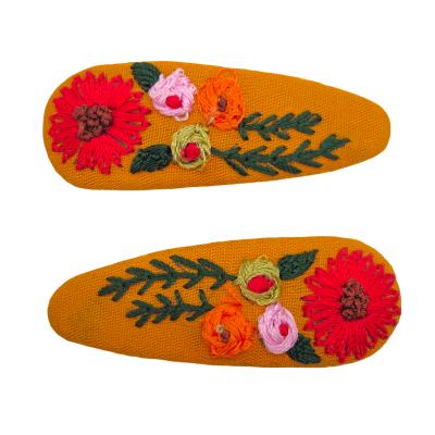 Embroidered Floral Hair Clips - Mustard