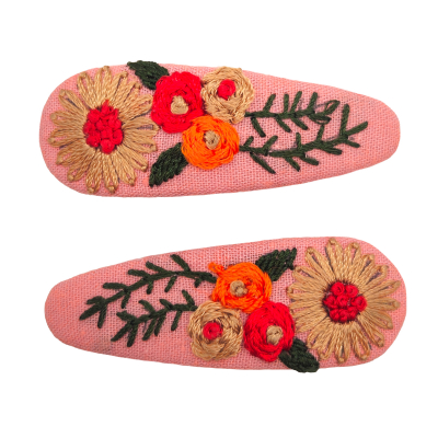 Embroidered Floral Hair Clips - Pink