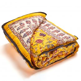 Block Printed Yellow Floral Padded Quilt - 220cm x 270cm