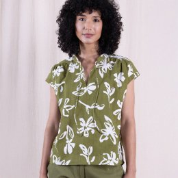 Nomads Cotton Poplin Flower Print Tie Neck Top - Verdant